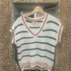 Simply Southern Striped V-Neck Sweater - White, Blue, Red